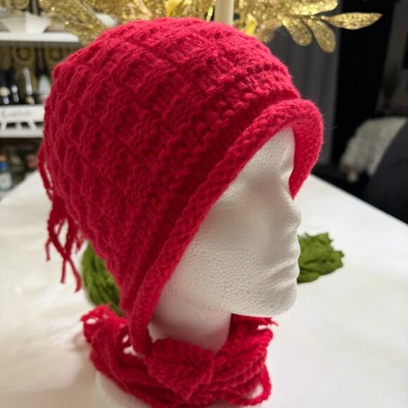 Red Knitted Winter Hat with Long Braided Tassels – Soft & Warm - Picture 3 of 7
